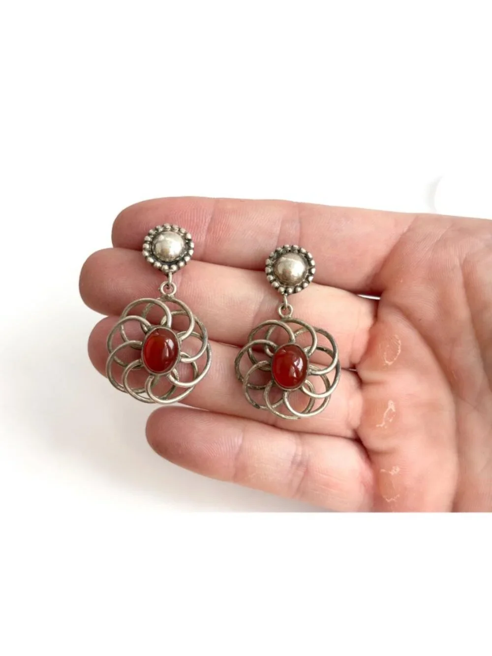 Carnelian Accented Scalloped Vintage Sterling Silver 925 Drop Southwest Earrings